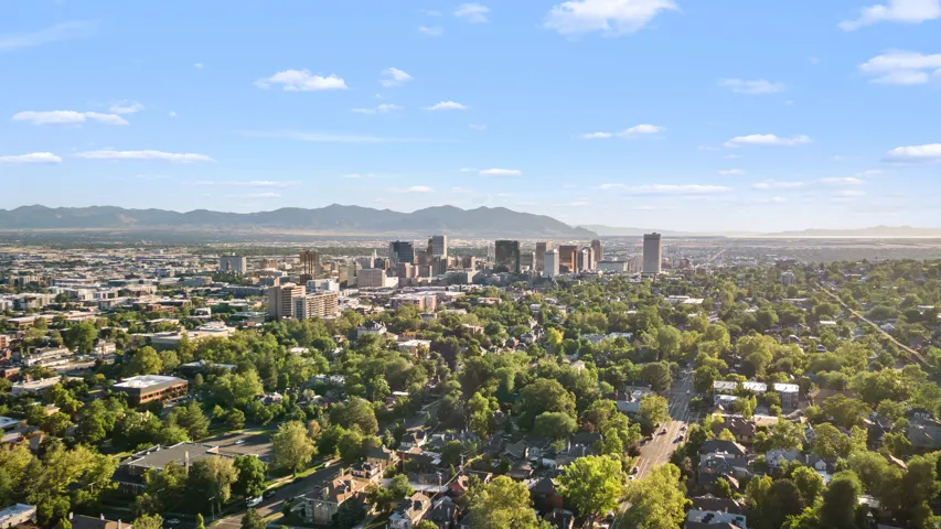 Expansive urban landscape featuring a downtown skyline, mature tree canopy, varied architectural styles, and distant mountain ranges under a clear sky