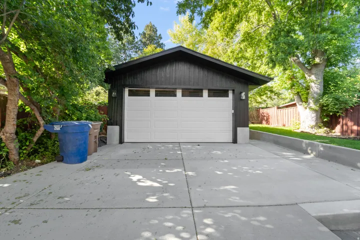 Detached single-car garage featuring a white panel door with upper windows, dark wood-finish siding, and a concrete driveway