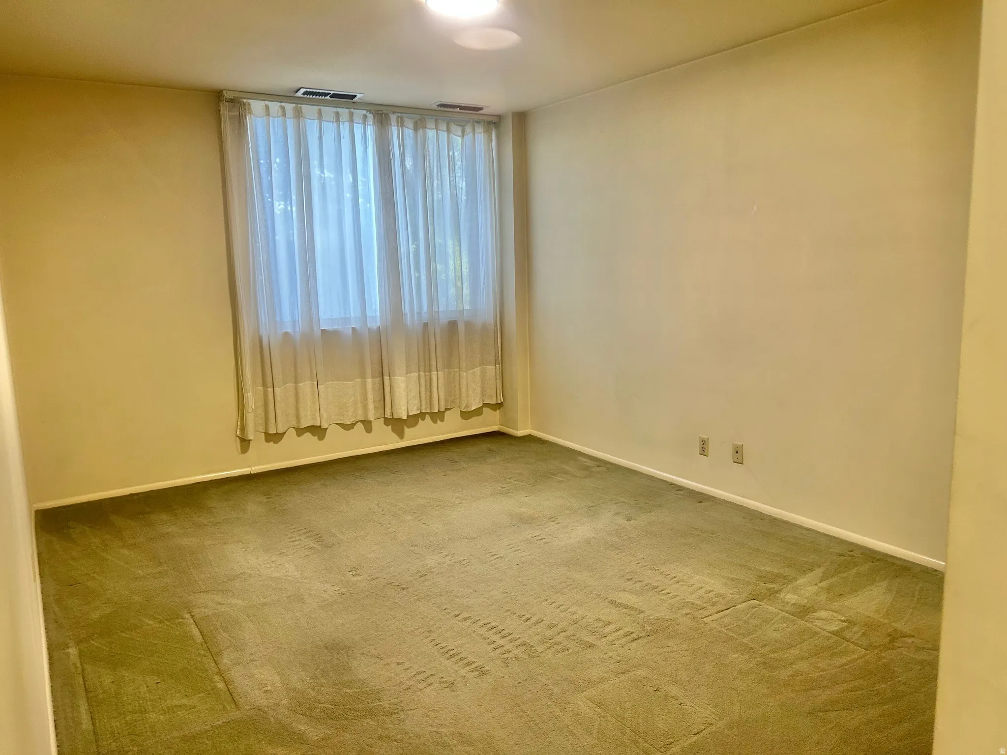 Spacious room featuring broadloom carpeting, a large window with sheer and opaque drapery, and a flush-mount ceiling light fixture