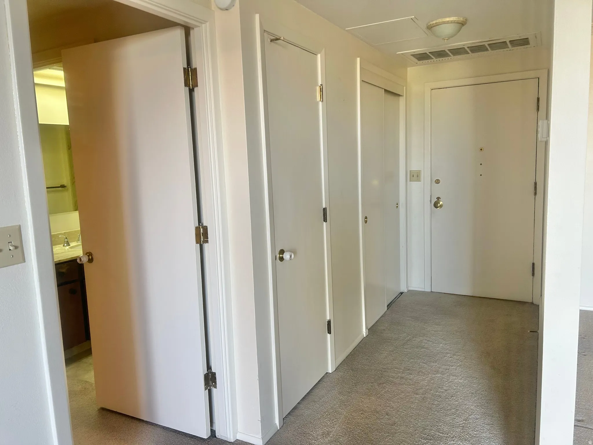 Entryway featuring four white doors, brass hardware, and carpet flooring