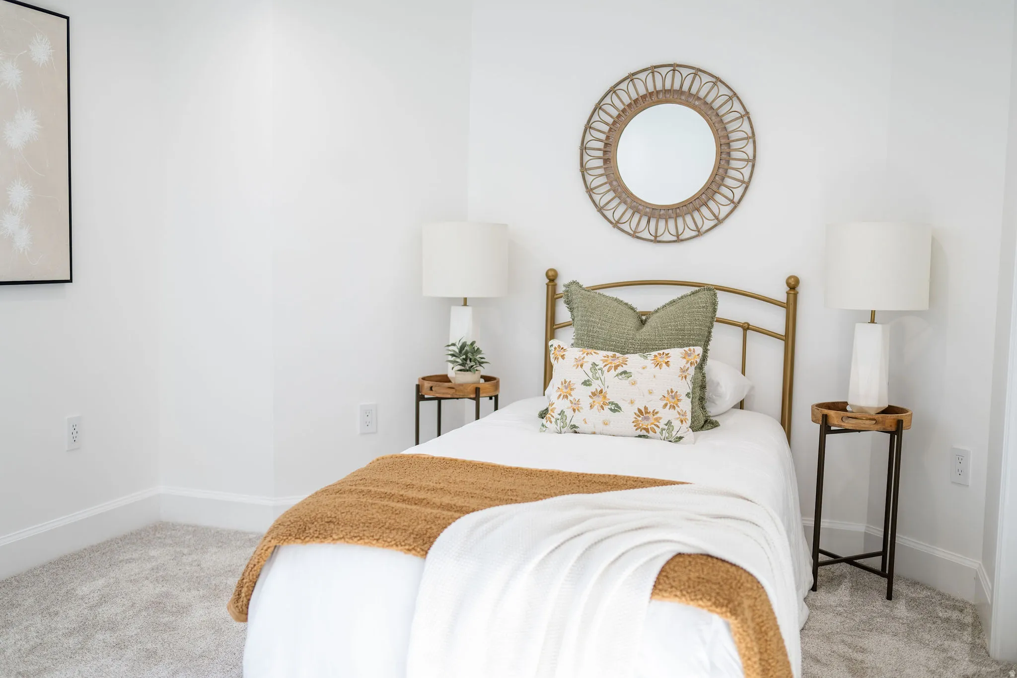 Bright room with plush carpeting and crisp white walls
