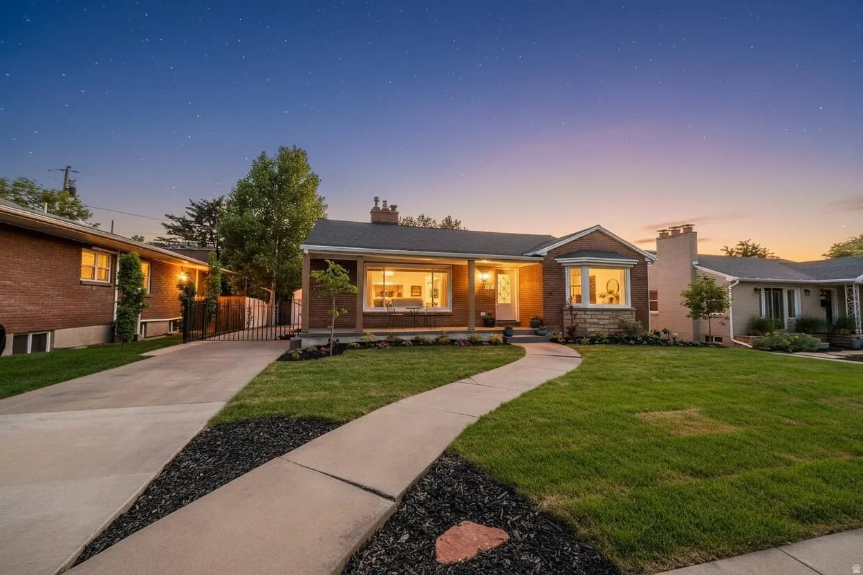 Brick exterior featuring a stone accent bay window, covered front porch, concrete driveway, and a curved walkway