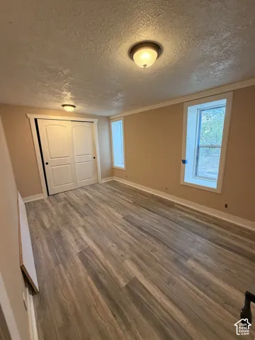 Wood-finish flooring, two large windows, white trim, two ceiling-mounted light fixtures, and a double bi-fold closet door