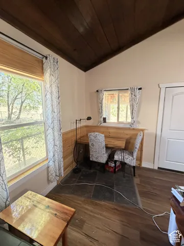 Vaulted wood-paneled ceiling with natural light from multiple windows