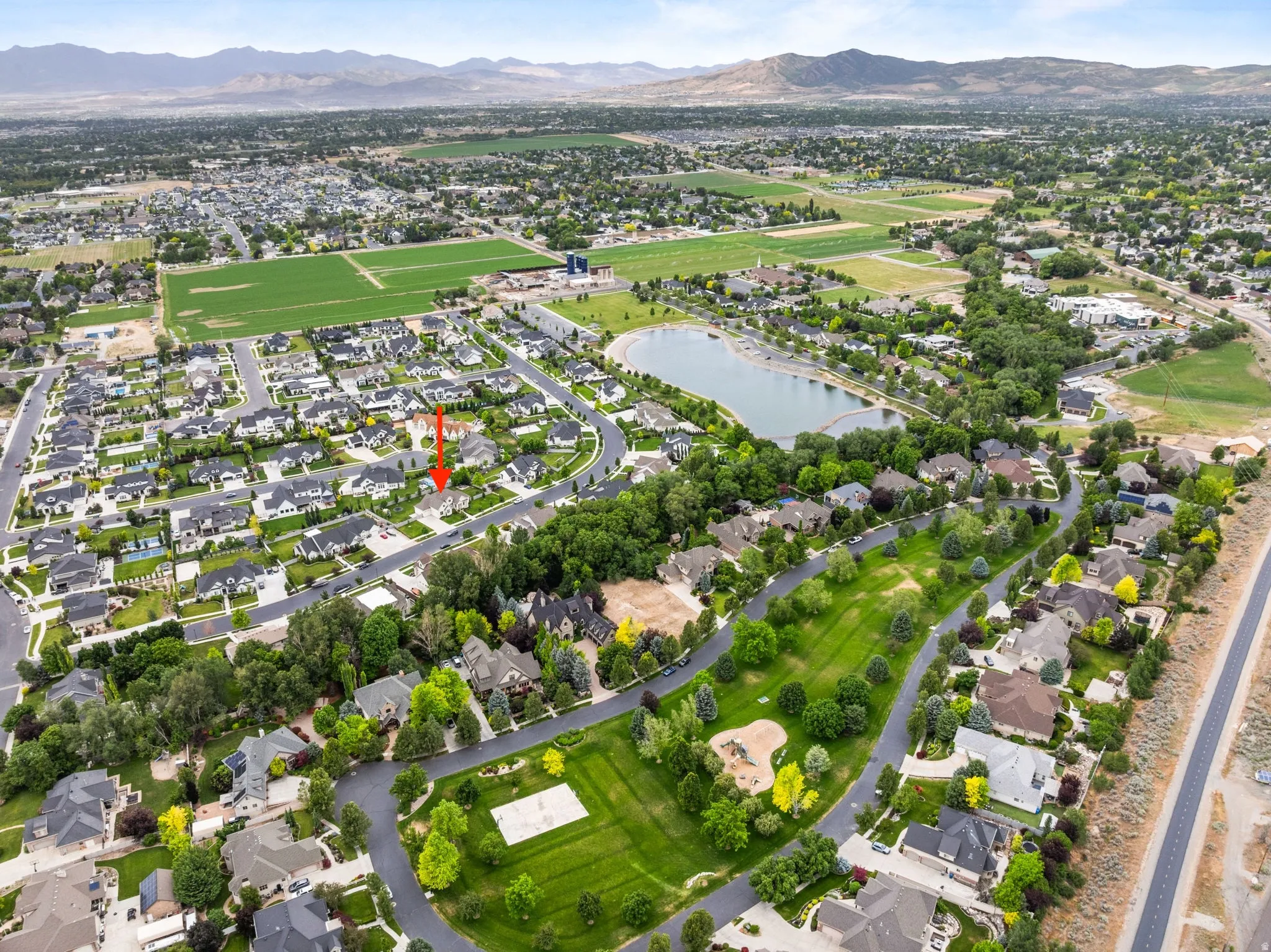 Aerial perspective showcasing a residential neighborhood with varied architectural styles