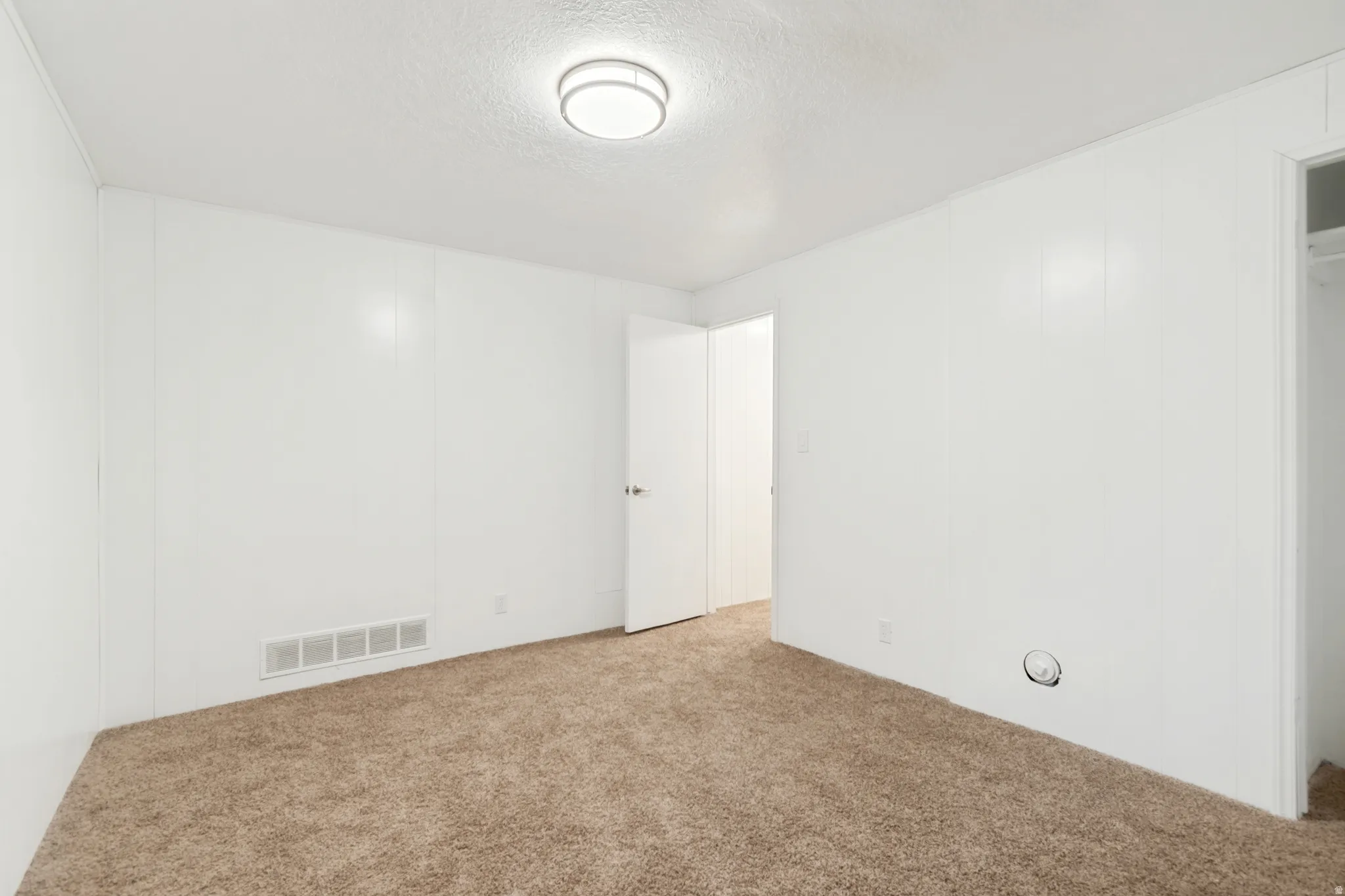Neutral wall paneling and brown carpet flooring