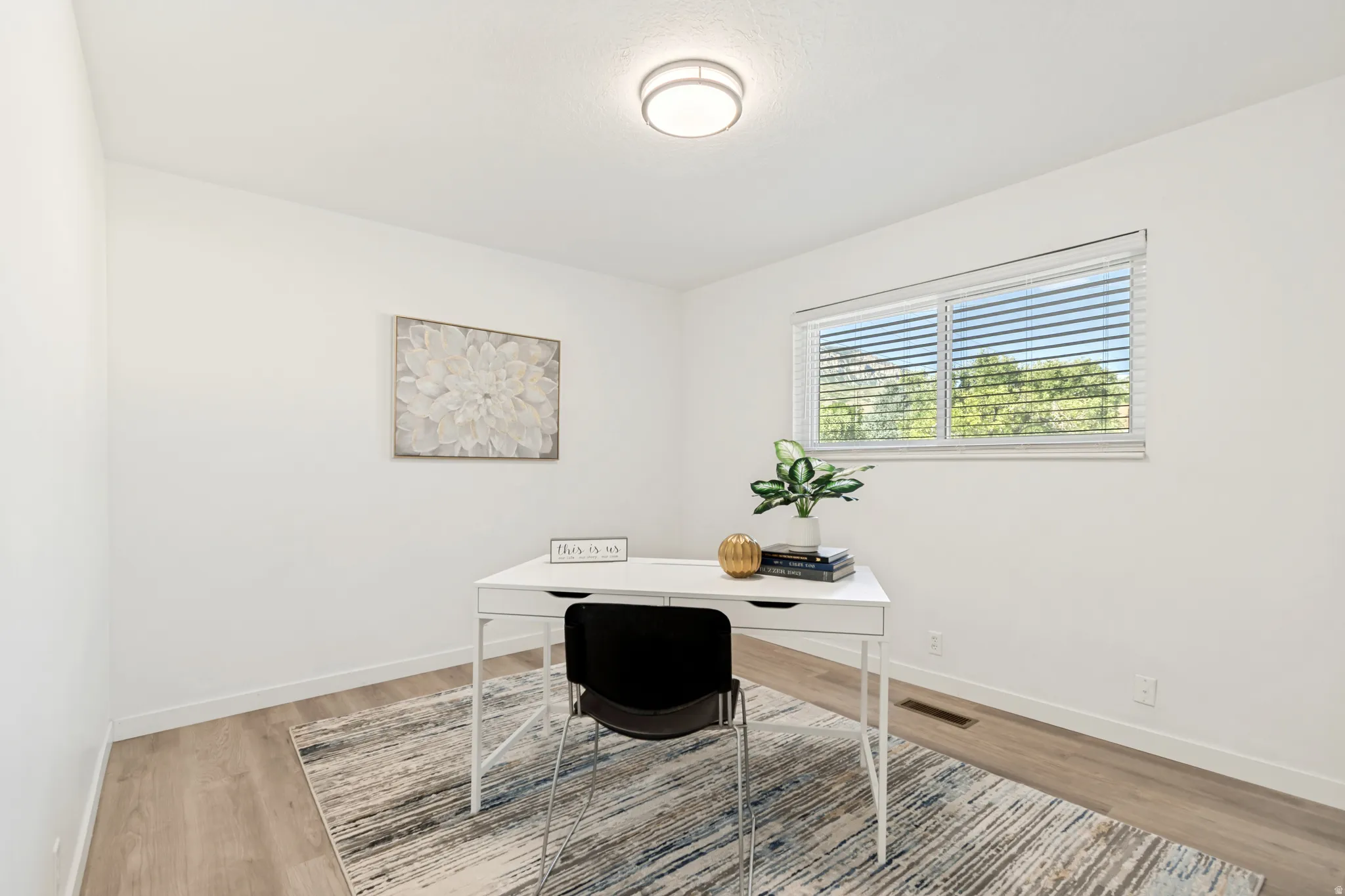 Bright room featuring light wood-finish flooring, white walls, and a contemporary flush-mount ceiling light