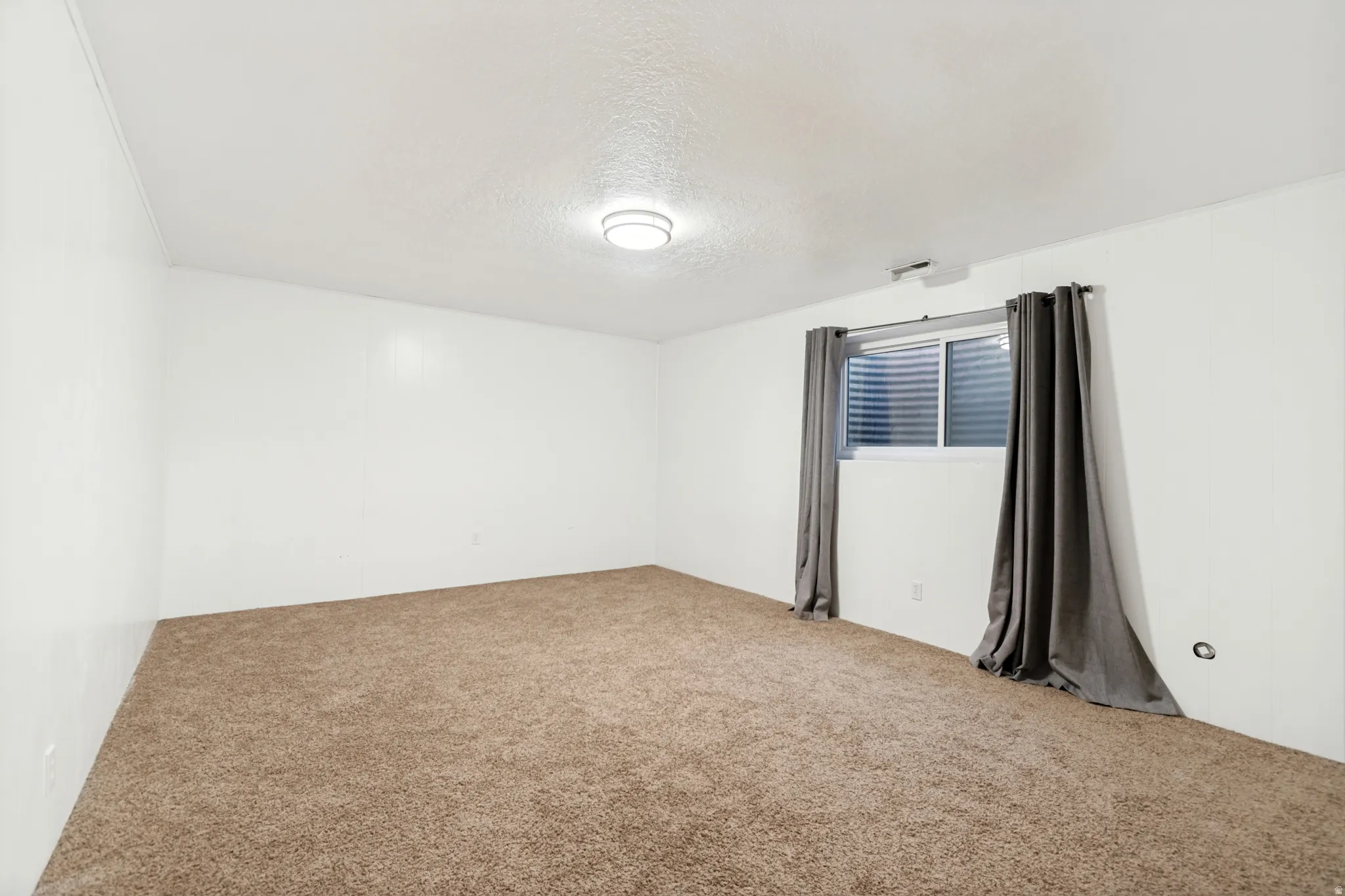 Spacious room featuring neutral carpeting, white walls, and a modern ceiling light fixture