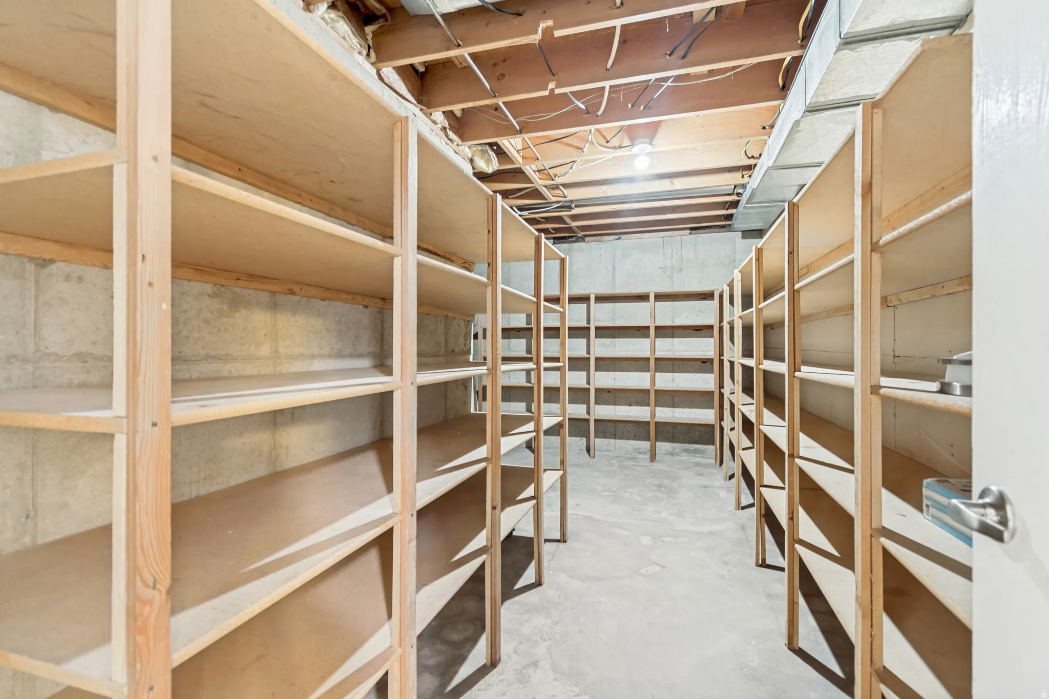 Basement storage area featuring extensive built-in shelving, exposed ceiling joists, concrete flooring, and concrete block walls