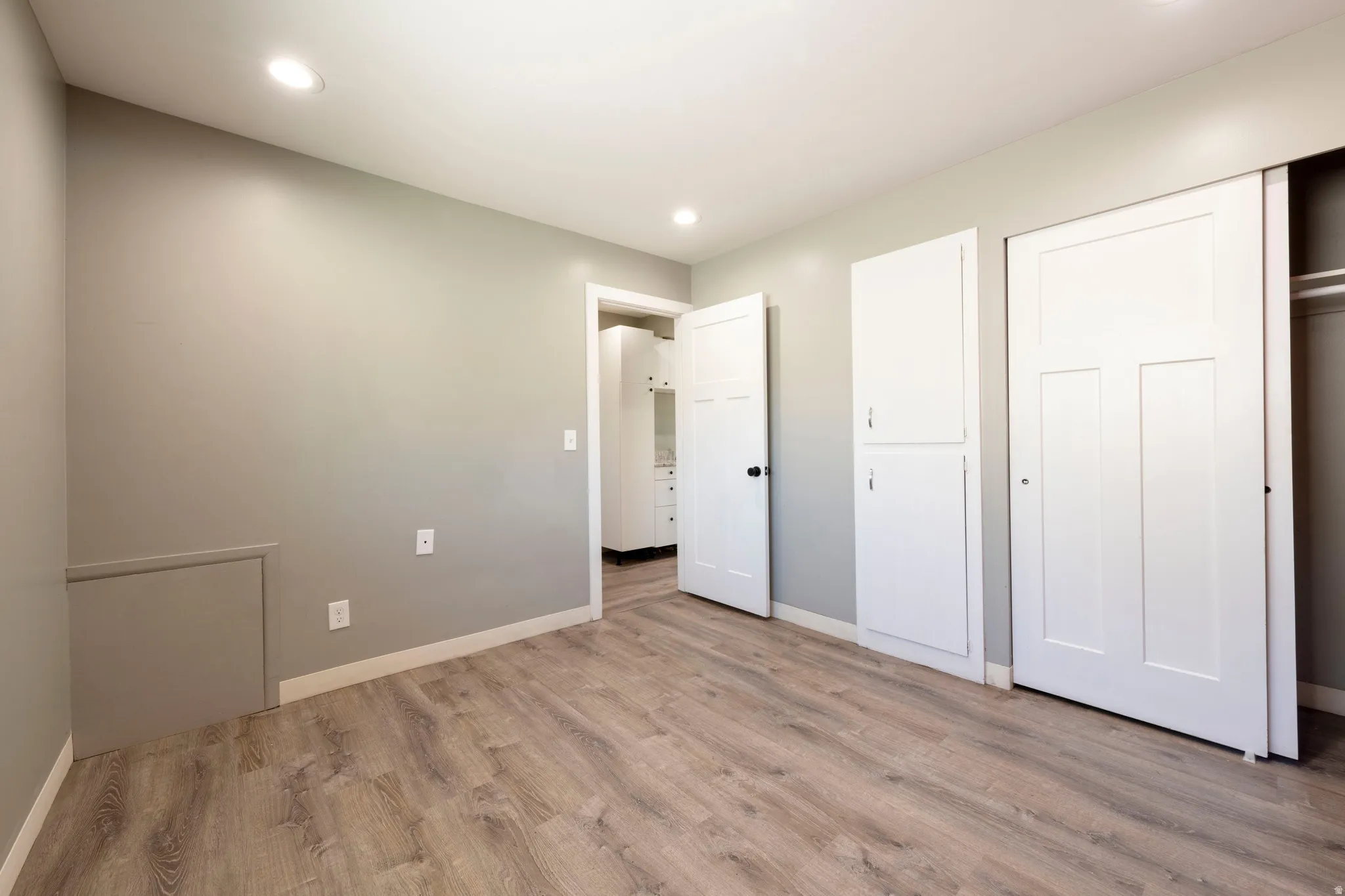 Room featuring wood-finish flooring, recessed lighting, neutral wall paint, white trim, and white paneled doors