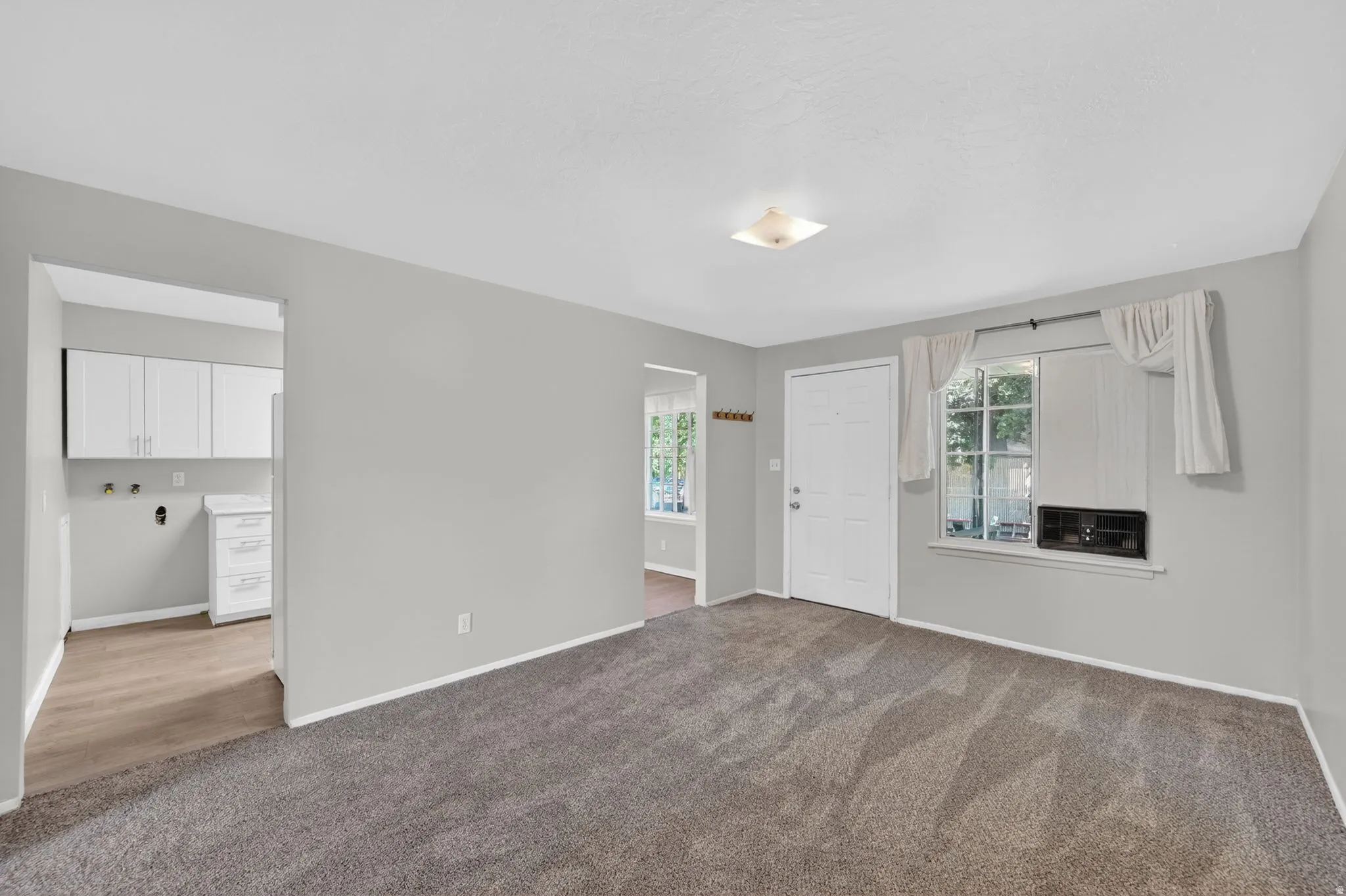 Spacious room featuring gray wall paint, textured carpeting, and a ceiling-mounted light fixture