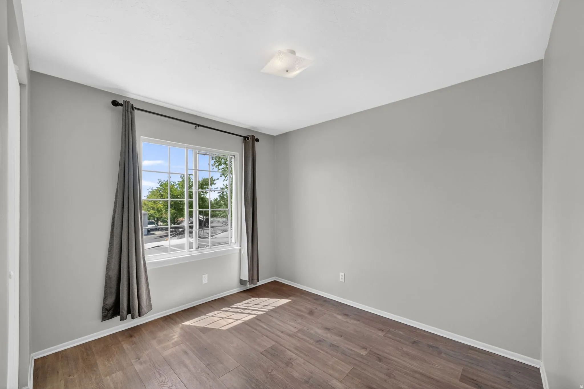 Windowed room featuring wood-finish flooring, light grey painted walls, white baseboards, and a ceiling-mounted light fixture