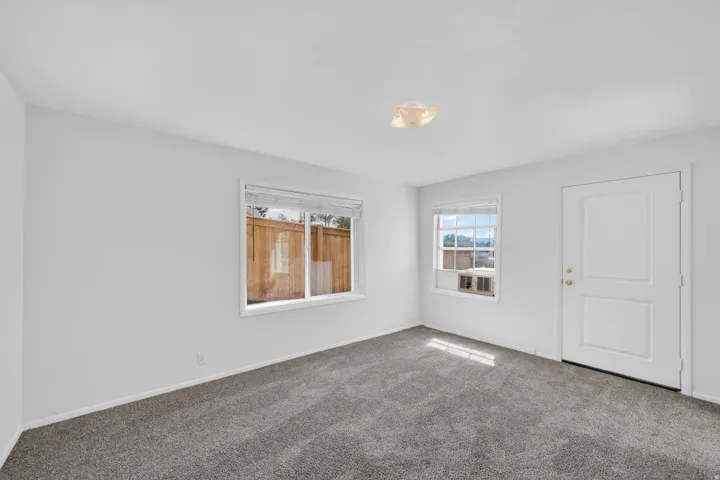 Carpeted room with a ceiling-mounted light fixture, two windows, and a panel door