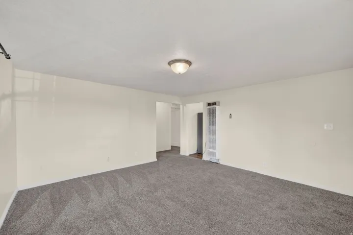 Expansive room featuring fresh neutral paint, grey patterned carpeting, a flush-mount ceiling light fixture, and a wall-mounted heating unit