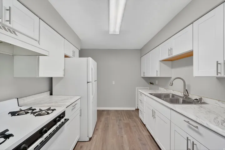Galley kitchen featuring white cabinetry, wood-finish flooring, a double basin stainless steel sink with a gooseneck faucet, a white gas range, and a white refrigerator