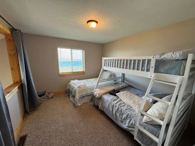 Light-colored wall paint and textured carpet flooring