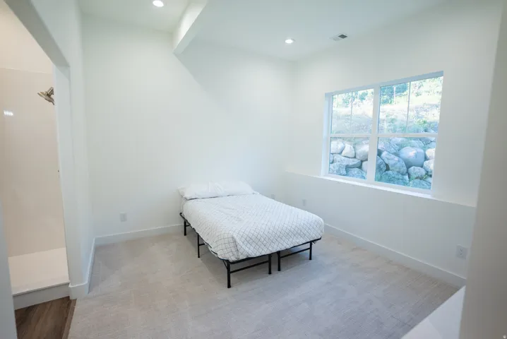 Bedroom featuring a large window, recessed lighting, and light-toned carpeting