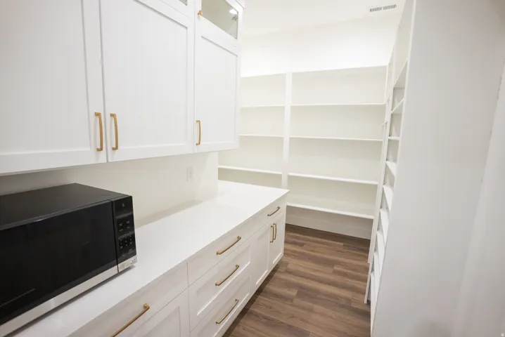Spacious pantry featuring extensive built-in shelving, white cabinetry with gold-tone hardware, and a light-toned countertop