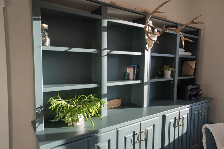 Built-in cabinetry with open shelving, a spacious countertop, and lower storage with cabinet doors