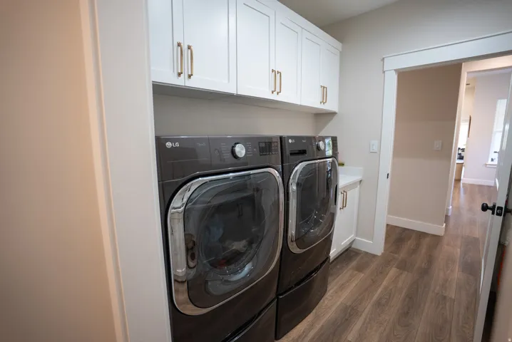 Dedicated laundry area featuring wood-finish flooring