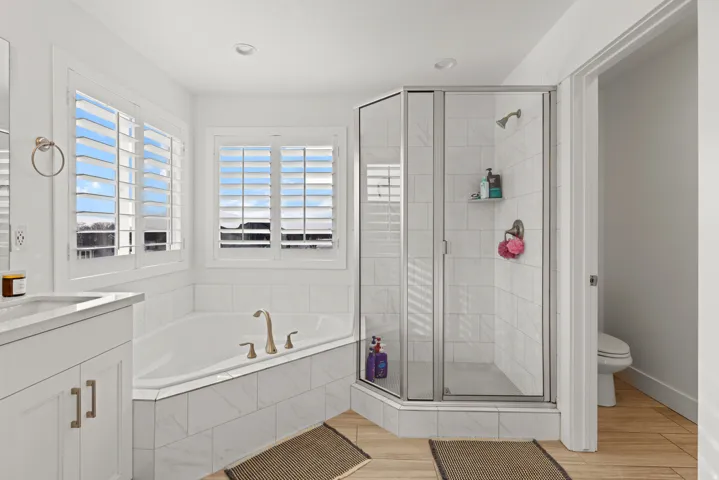 Bathroom featuring a built-in corner soaking tub, a glass-enclosed shower, white plantation shutters, a single vanity with shaker-style cabinetry, and wood-finish flooring