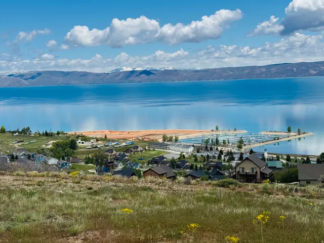 Expansive water body with a marina and adjacent residential structures