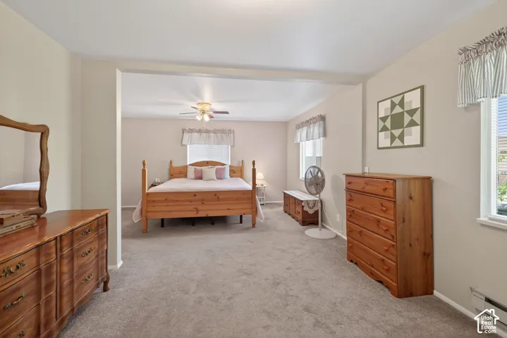 Carpeted bedroom area featuring light-toned walls and windows with blinds