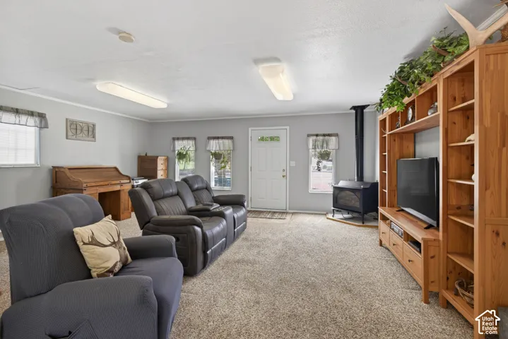 Spacious living area featuring light gray walls, plush carpet flooring, a wood-burning stove, and a white entry door with frosted glass