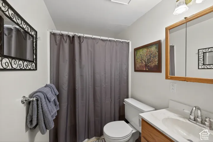 Bathroom featuring a white toilet, light wood-finish vanity with an integrated sink, and a framed mirror cabinet