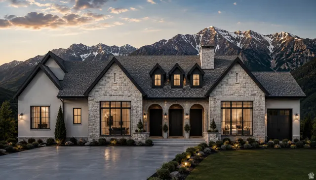 Stone and stucco exterior featuring multiple gables and dormer windows
