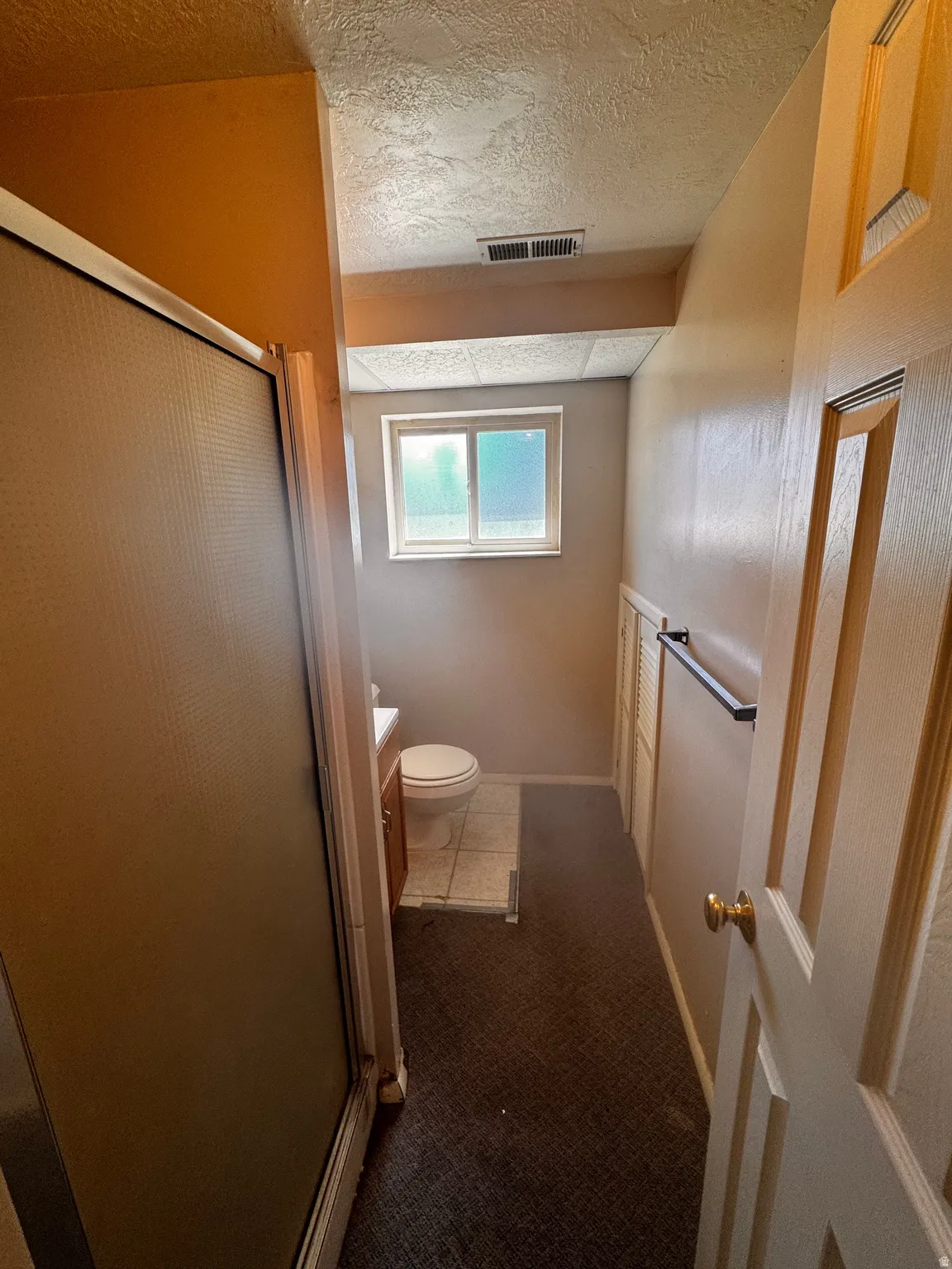 Bathroom featuring a glass-enclosed shower, a single window, a toilet, and a vanity with a surface-mounted sink
