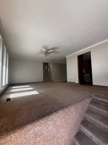 Spacious carpeted room featuring a ceiling fan with integrated lighting, multiple windows with horizontal blinds, and baseboard trim