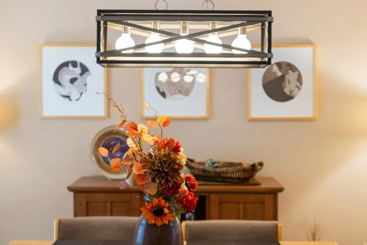 Rectangular pendant light fixture featuring a black metal frame and exposed Edison bulbs
