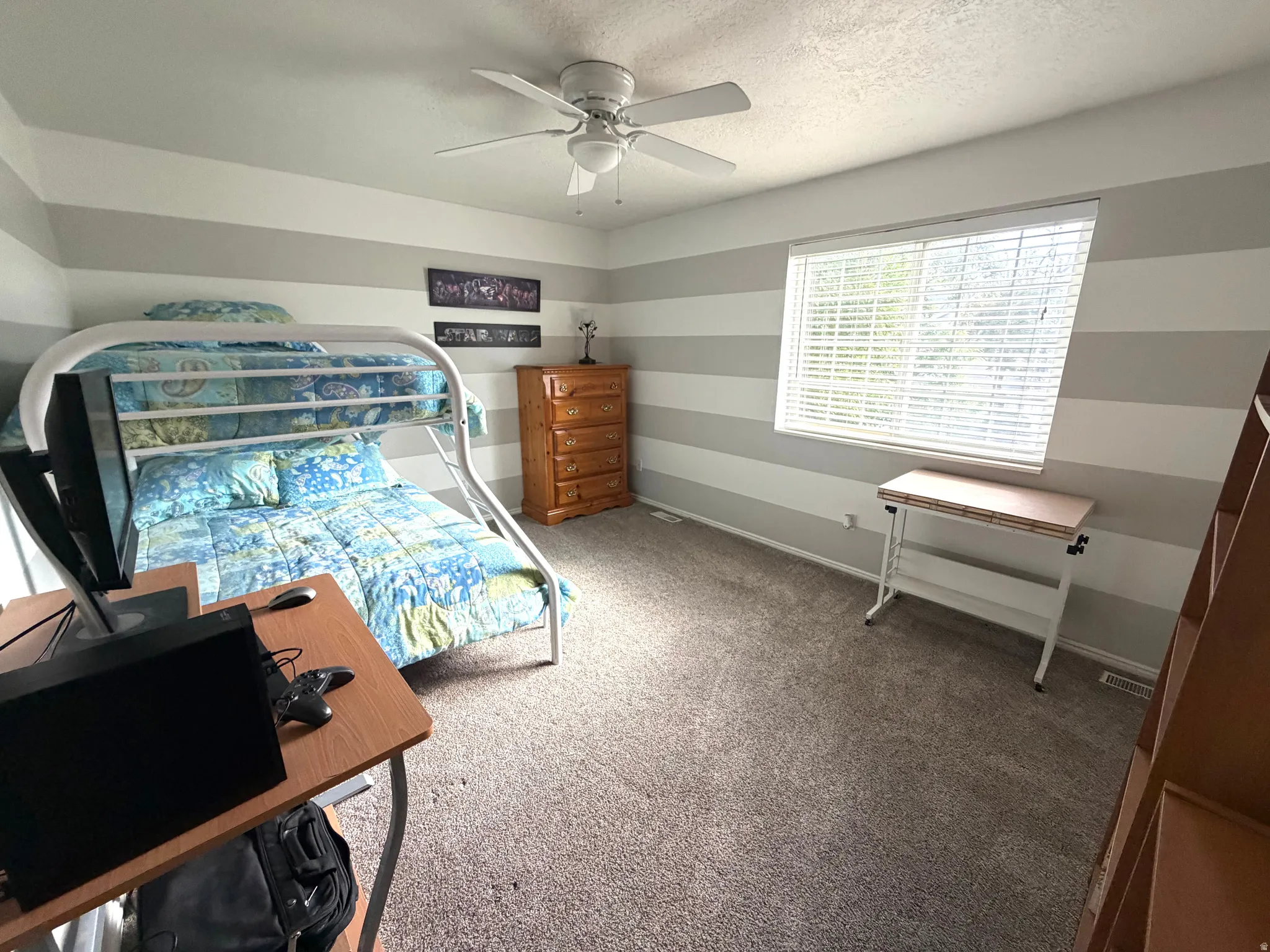 Carpeted room featuring horizontal striped accent walls
