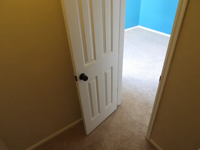 Interior doorway with a black doorknob, opening to a room featuring blue walls and light-colored carpeting
