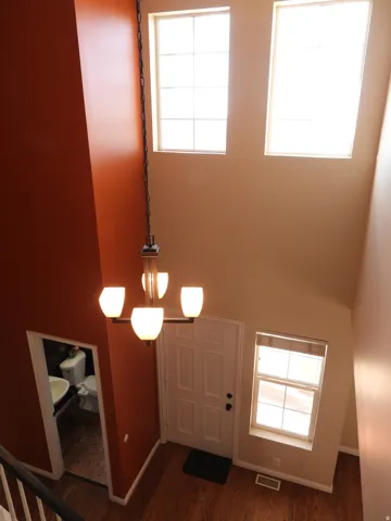 Foyer featuring wood-finish flooring, a contemporary chandelier, a panel door, and multiple windows