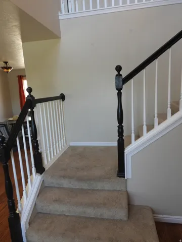 Carpeted staircase with contrasting dark wood handrails and white balusters