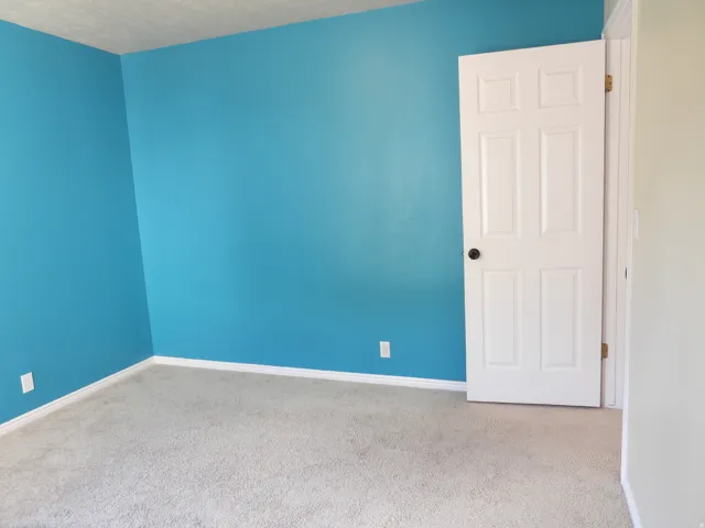 Interior room featuring blue wall paint, white trim, and light-colored carpeting