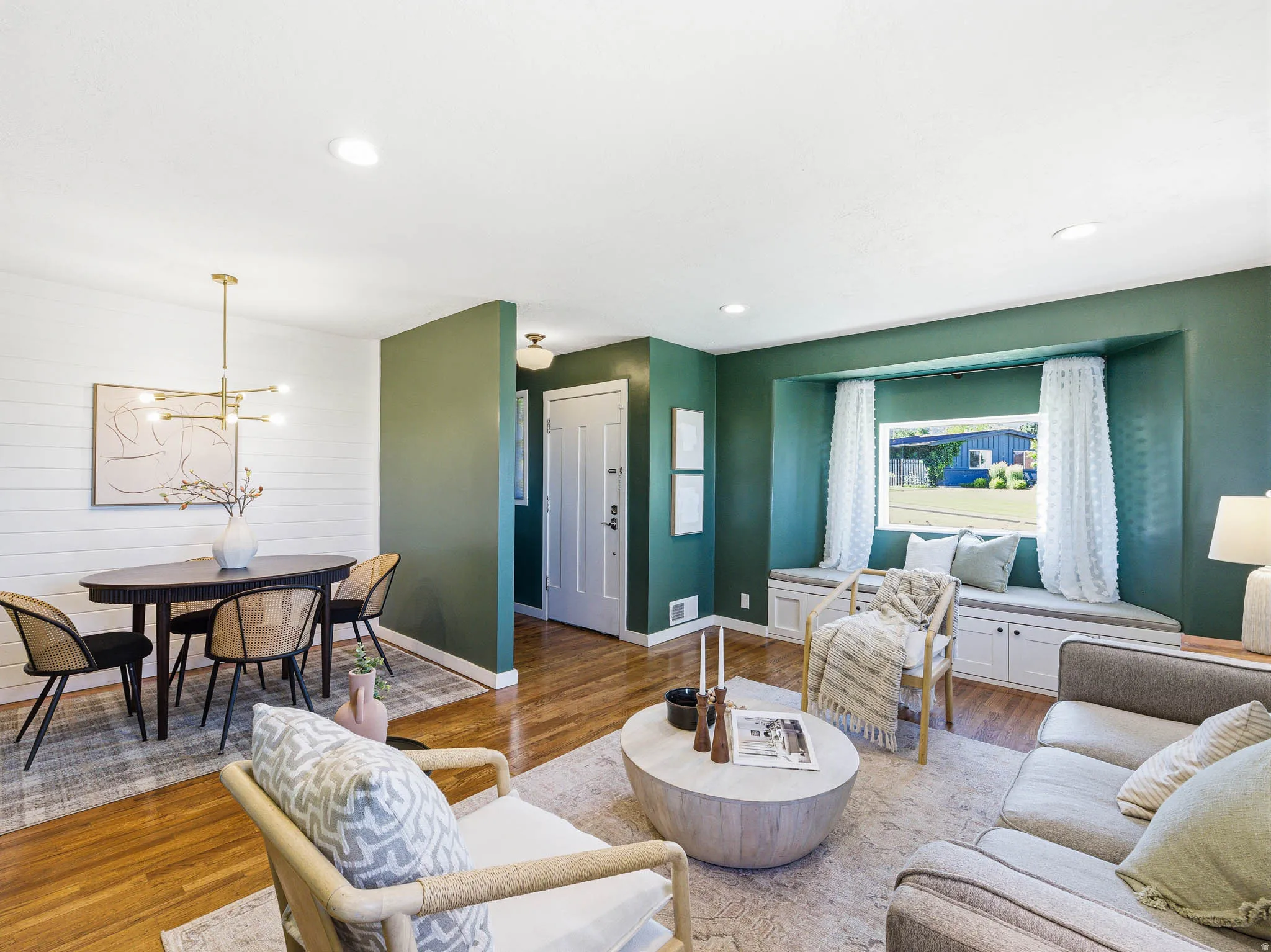 Hardwood-finish flooring throughout the main living areas