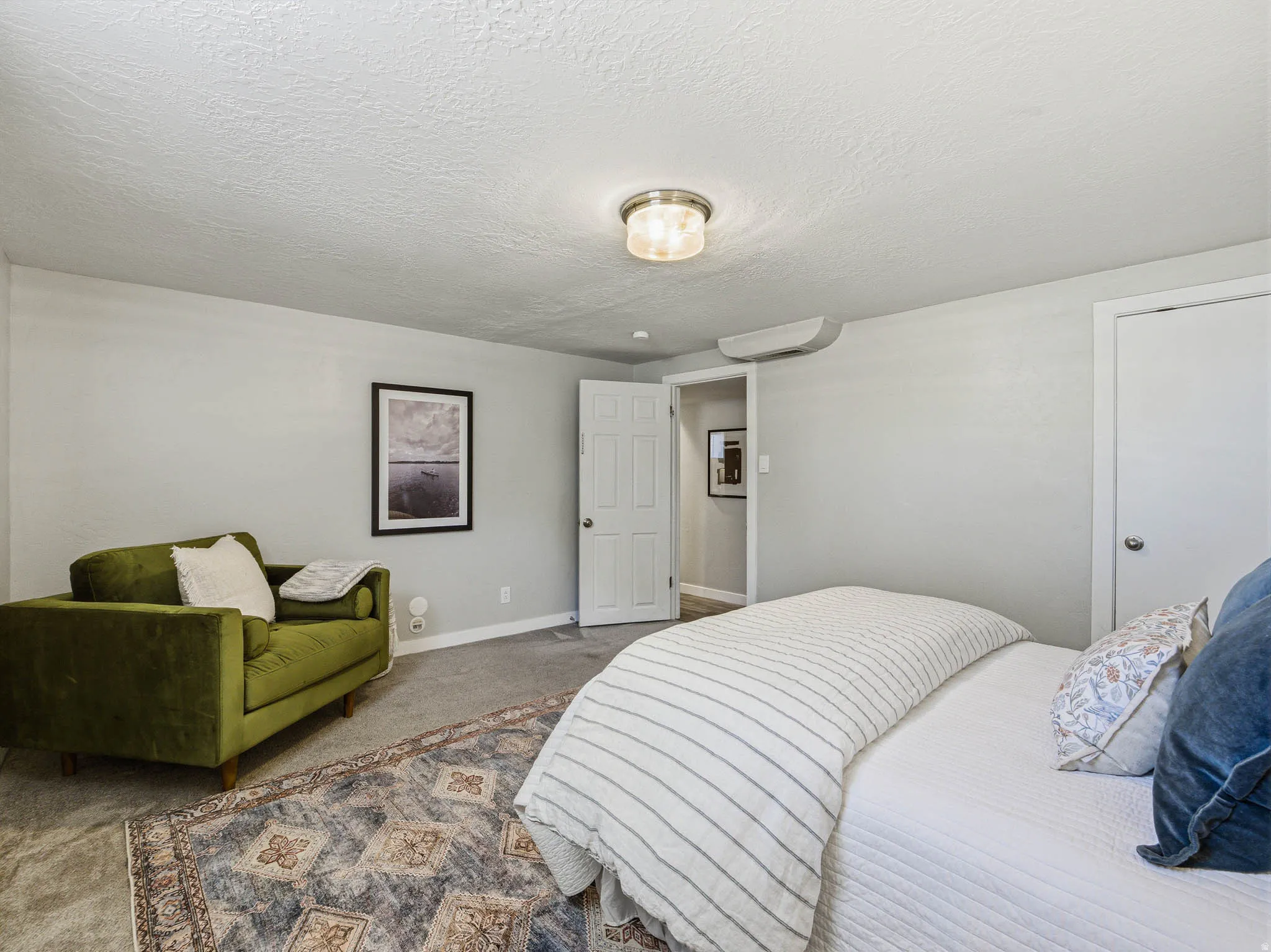 Carpeted room with a ceiling-mounted light fixture, light gray wall paint, and white trim
