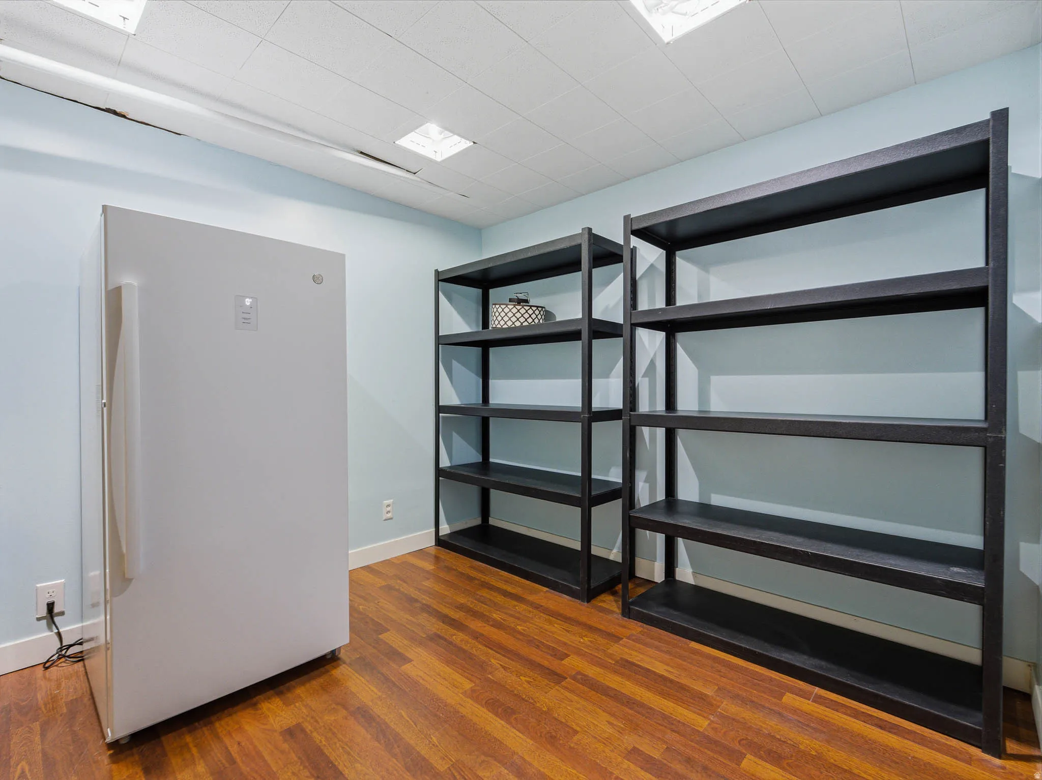 Spacious storage area featuring wood-finish flooring, two large black shelving units, and light blue walls