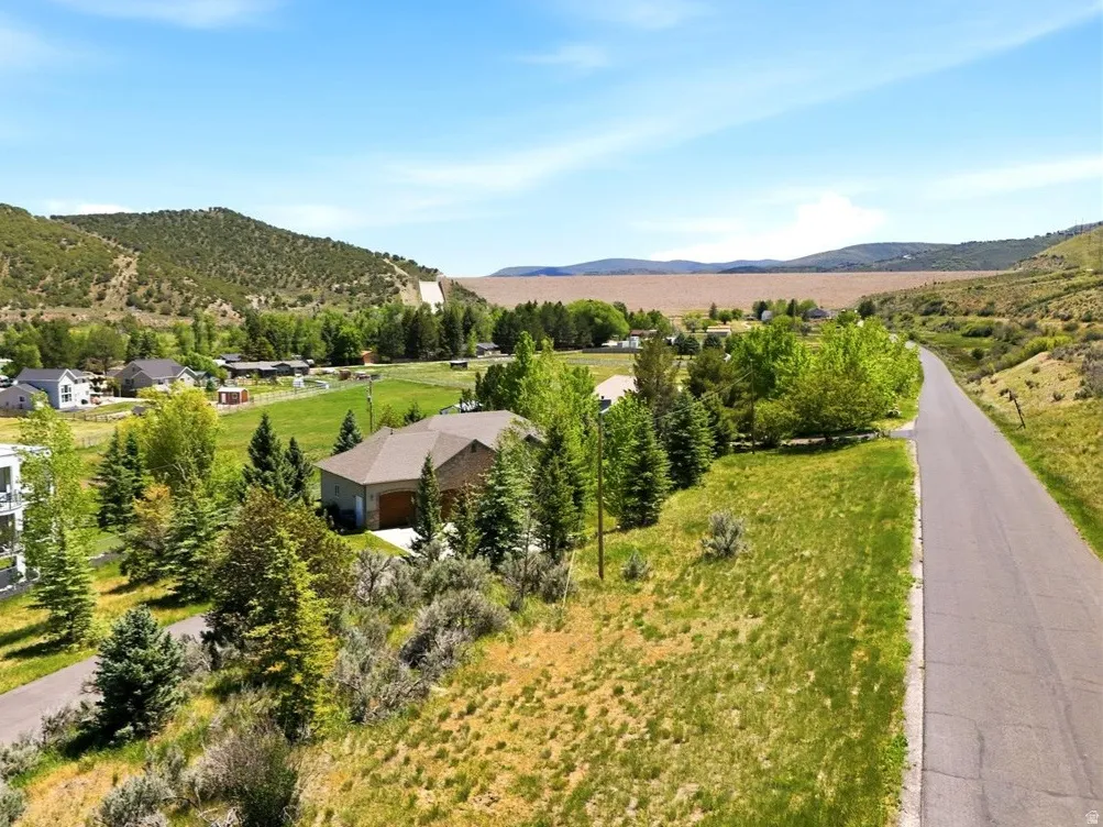 Expansive property featuring a paved road, scattered trees, and a distant mountain backdrop