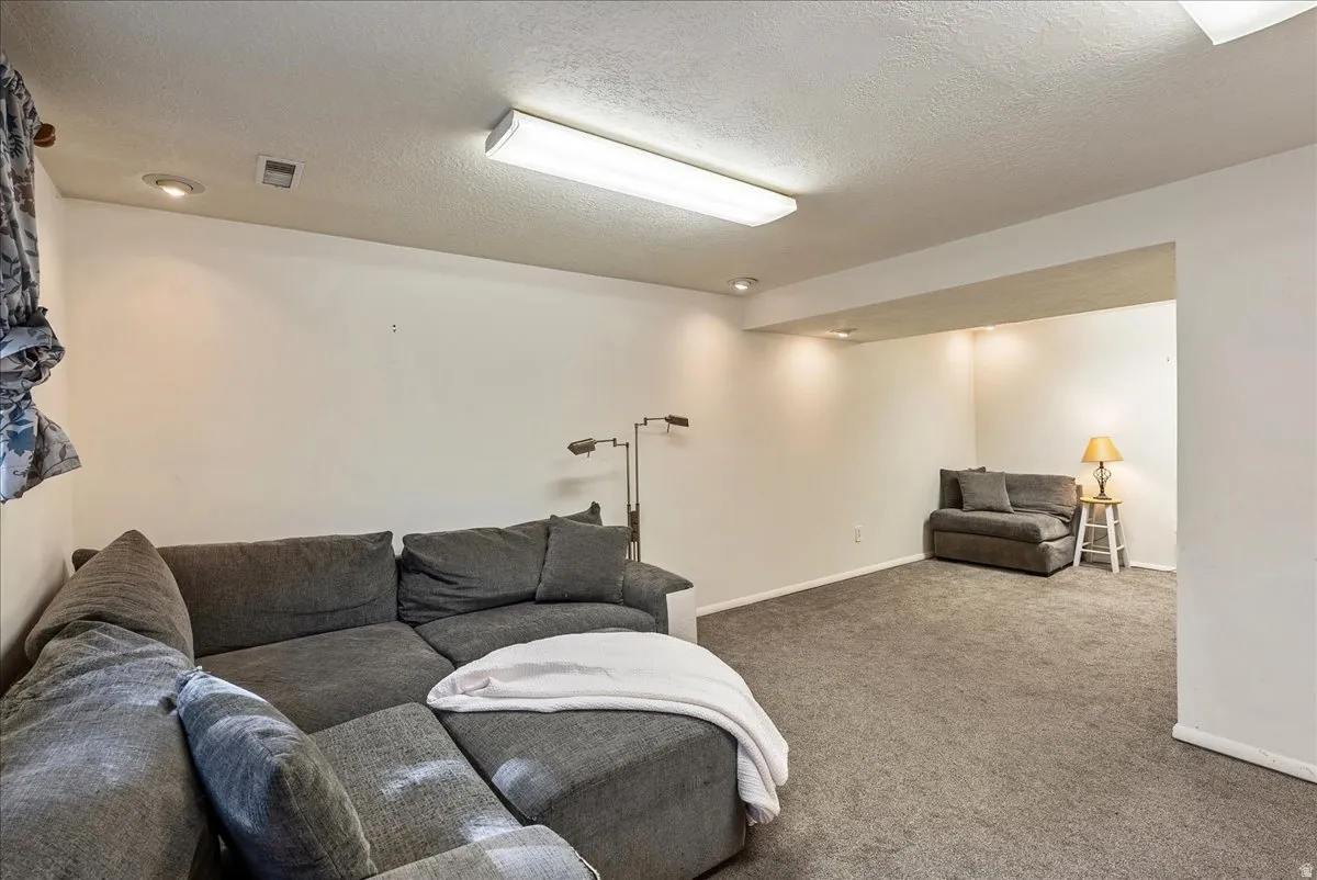 Carpeted interior space featuring white walls and a drop-down ceiling