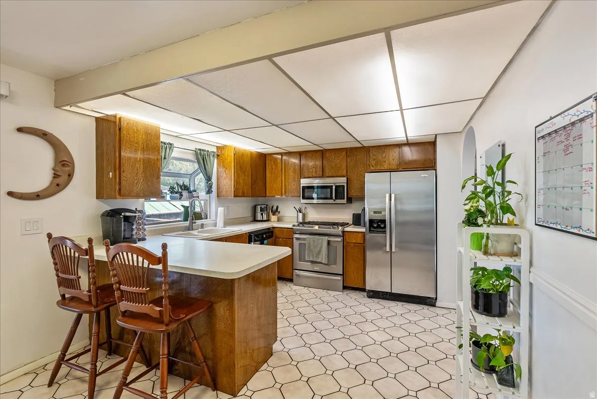 Kitchen featuring wood cabinetry, stainless steel appliances, a breakfast bar, and patterned tile flooring