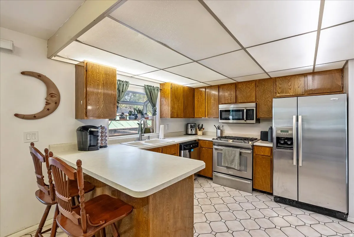 Kitchen featuring wood cabinetry, stainless steel appliances, a breakfast bar, and patterned tile flooring