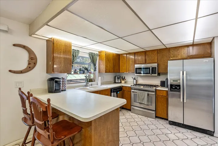 Kitchen featuring wood cabinetry, stainless steel appliances, a breakfast bar, and patterned tile flooring