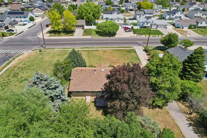 Property features a brown shingle roof, mature trees, and a landscaped front yard with a concrete sidewalk