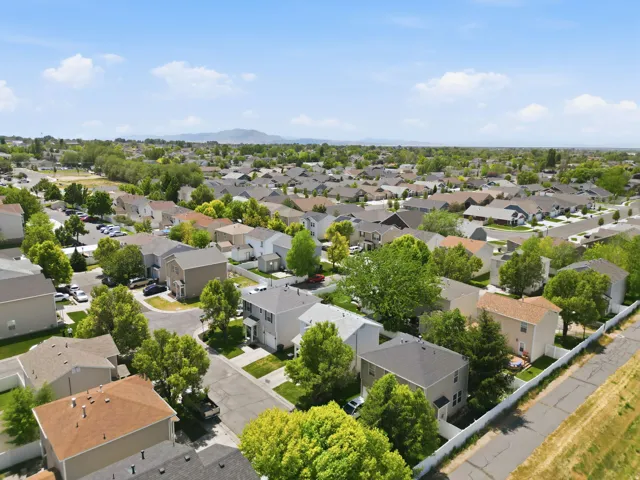 Aerial perspective showcasing a residential area with varied housing styles