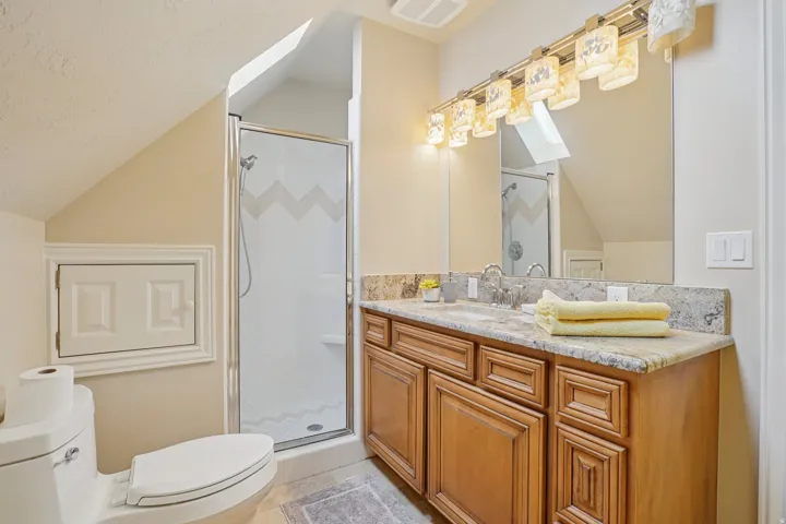 Bathroom featuring a double vanity with stone countertop, wood cabinetry, and an overhead light fixture