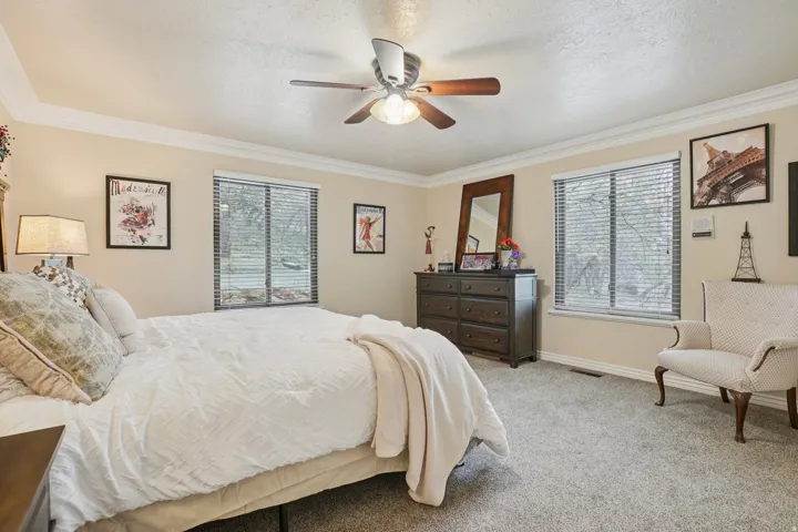 Carpeted bedroom featuring two large windows with blinds, crown molding, and a ceiling fan with integrated lighting